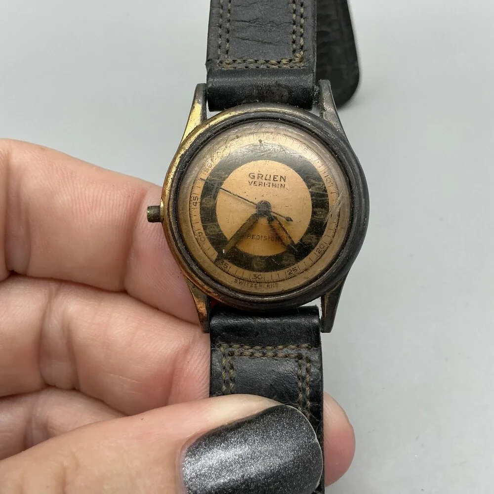 Vintage Gruen Veri-Thin Precision Mens Watch 28mm Gold Black Manual For Parts